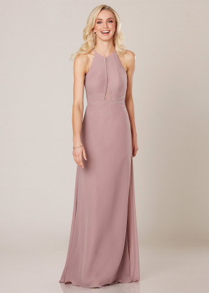 Halter Neck Mauve Chiffon Velvet Trim Bridesmaid Dress